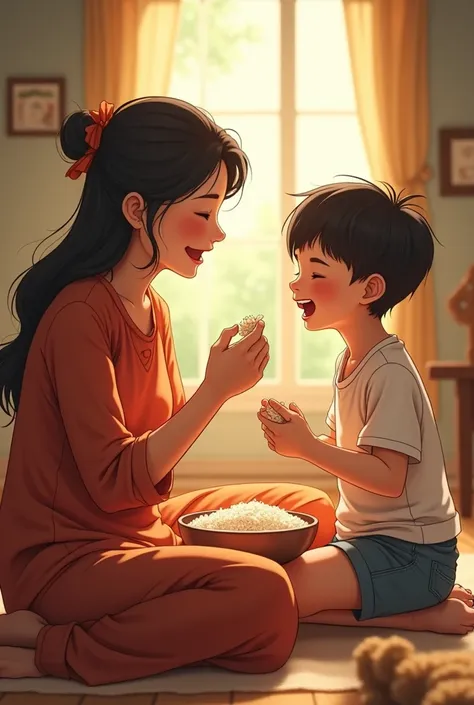 "A flashback scene showing a young boy sitting in his mother’s lap, both smiling. The mother is feeding him a small bite of rice, asking playfully, Who will eat this? The boy eagerly opens his mouth and laughs, saying, I will eat! The background is a simpl...