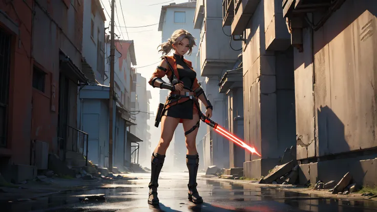 sexy girl jedi, standing with lightsabers in one hand, little clothing, full body, war pose,sexy look, sensual body.