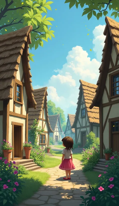 A quaint, small village with traditional houses and a young girl named Sarah daydreaming in a magical, whimsical setting.