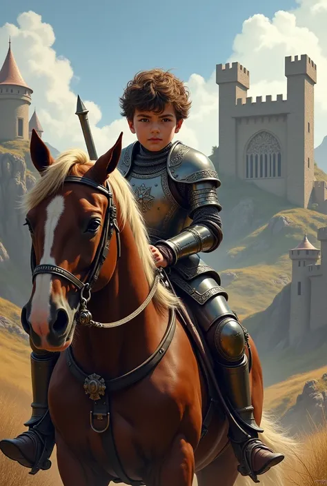 Make a hansome  boy who has sword in his hand , riding horse and there is fort in background