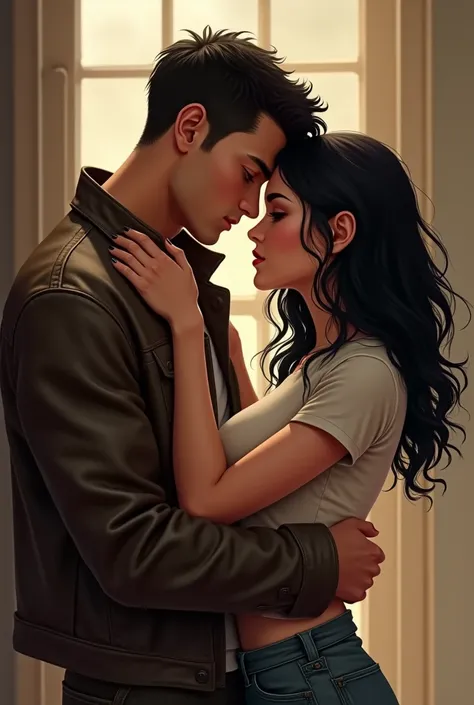 Two people in love, They both measure 1.63 The man is a little pot-bellied but not fat and has a smooth face, short hair, chubby, leather jacket and the woman is a little chubby, she has curly hair and medium-long black hair, bunched up, disheveled hair