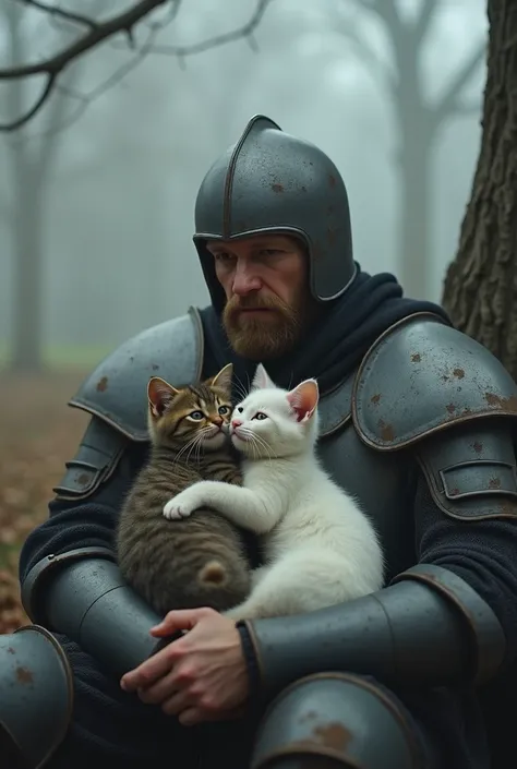 Morning fog, peaceful, sad, heart broken, laying down,under a tree, lonely knight with helmet, holding two kittens, tubby kitten and white kitten, medieval