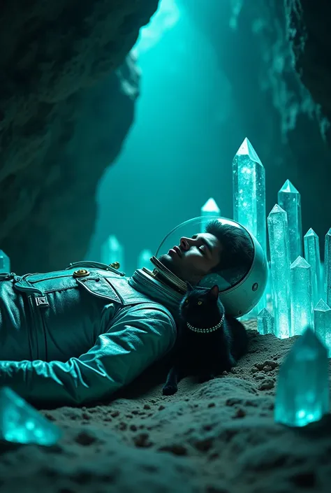 (Ultra high definition, clear, delicate) In a dark cave with sharp, transparent crystals rising out of it., A man wearing a bright turquoise shiny metal spacesuit and space helmet lies with a black cat wearing a turquoise bead necklace.