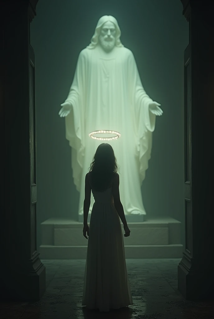 A professional photograph, long shoot, shows Maxine Caulfield (Life Is Strange), she is in a place that is too dark, where the only light that illuminates is the light of the glowing aura of Jesus Christ, she is wearing a white dress and has a halo, she is...