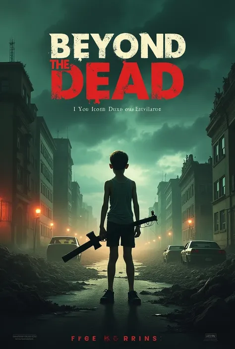 Title: Beyond the Dead

Tagline: "Hope is the only weapon left."

Description: Create a captivating zombie movie poster featuring a 1 male protagonist. He is thin, with a determined yet anxious expression. He holds a makeshift weapon, like a bat or crowbar...