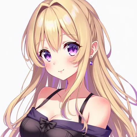 One girl, Long Hair, High resolution, Blonde, Purple Hair, Hair behind ears, Large Breasts, Earrings, smile, Purple eyes, Slanted Eyes, Test model, Anime Style, 