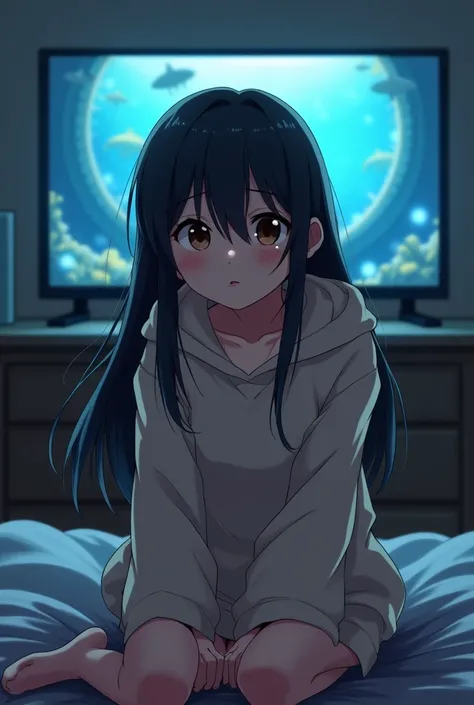 a girl with long dark hair and brown eyes. She is wearing a sweatshirt that reaches her thighs. The corners of her eyes have tears forming as she points at a television with the video game Subnautica in the background. Anime style 