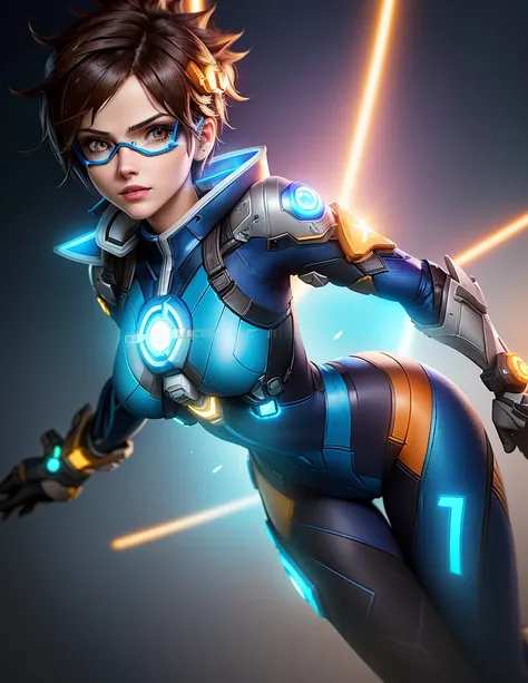 arafed woman in a cosplay costume with glowing blue lights, tracer from overwatch, as overwatch character, alexandra daddario, tracer, tracer overwatch, portrait of alexandra daddario, 8k artgerm bokeh, as an overwatch character, scifi woman, echo from ove...