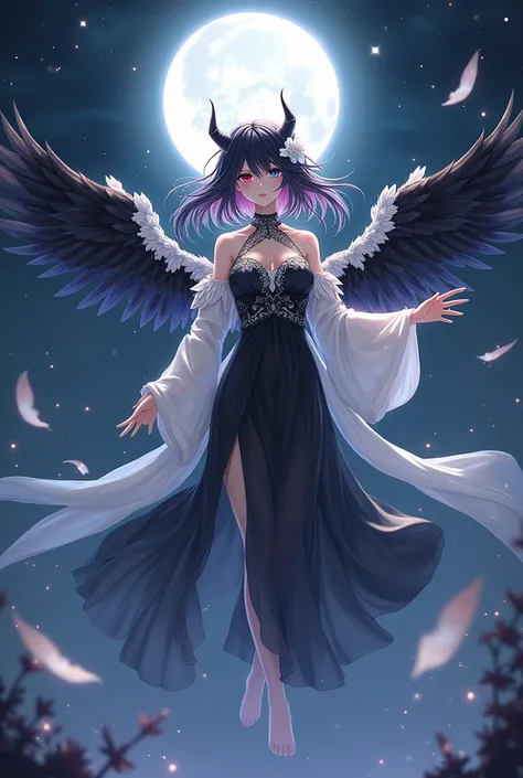 full body portrait of a young female anime goddess with pointy ears, small black succubus horns on her head, her long multicolor hair shines bright in black and white, her left eye is bright blue and her right eye is red, detailed eyes, she is wearing a lo...