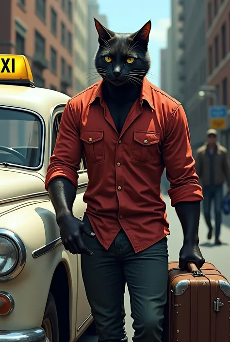 Draw a male taxi driver, 30 years old, blacksad, wearing a red shirt, putting suitcases in the trunk of the white taxi.