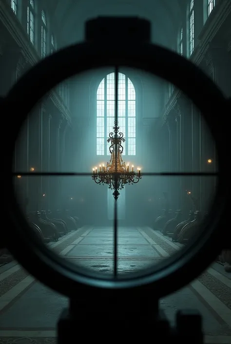 Hall of an old dinosaur museum, perspective of a rifle scope aiming at a candle chandelier and it&#39;s night 