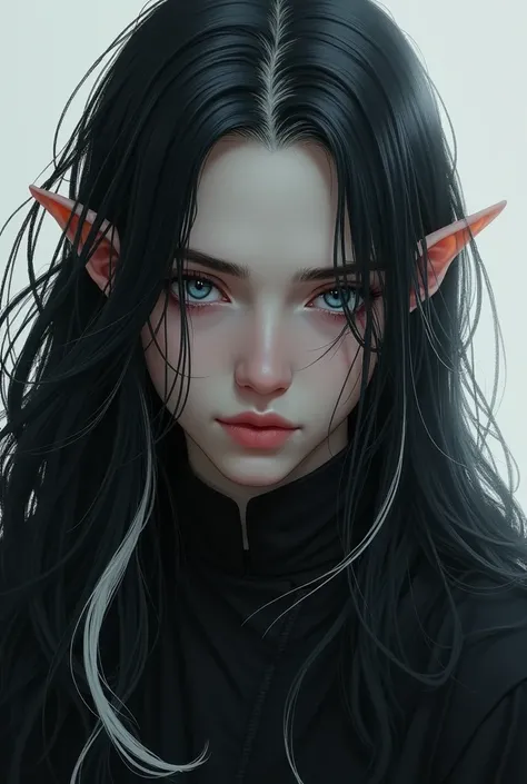 chat I want you to create a half-elf male character with long dark hair and a white streak, of the gray eyes, pale skin and no beard