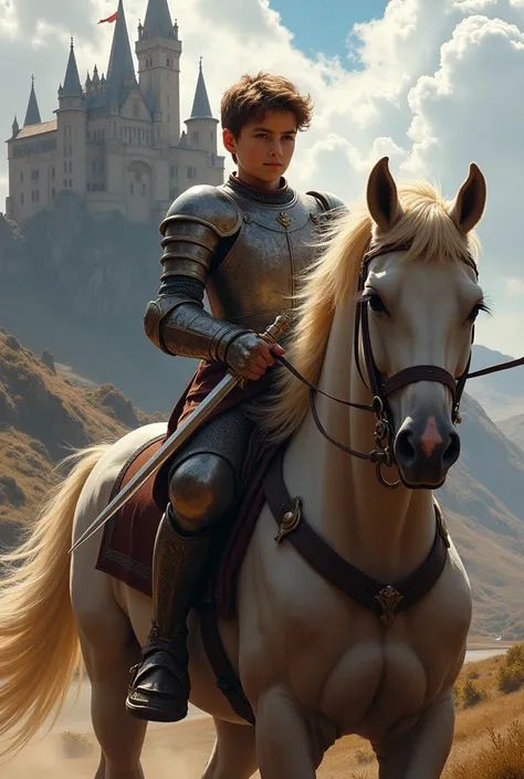 Make a hansome  boy who has sword in his hand , riding horse and there is fort in background