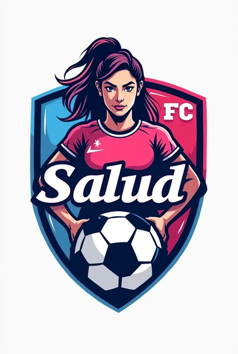 Create a crest for a womens soccer with the name "SALUD FC" and a women in the middle. I also want pink and blue and a soccer ball. Another one