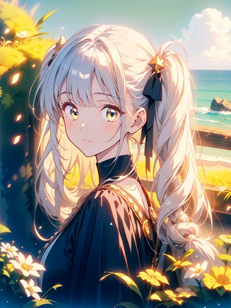 a dark, surreal, masterpiece portrait of 1 girl with beautiful face, white hair in the center of the frame, wearing a black costume, with long bangs, visible eyebrows through her hair, hair ornaments, light particles, long flowing hair, gazing directly at ...