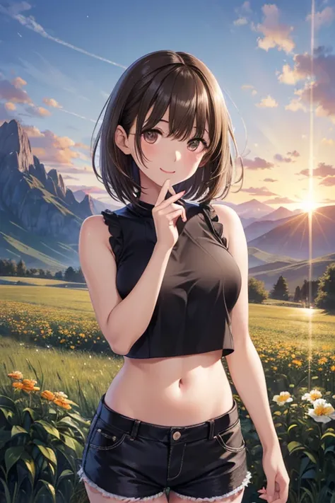 anegasaki nene、Shiny brown hair, Short Hair, (Beautiful brown eyes、Sparkling eyes, Fine grain)、smile、Super detailedな目、Highly detailed face, Highly detailed eyes,Cowboy Shot、


nsfw、
,Black sleeveless crop top, Shorts
, Upper Body, Portraiture, Hair between...