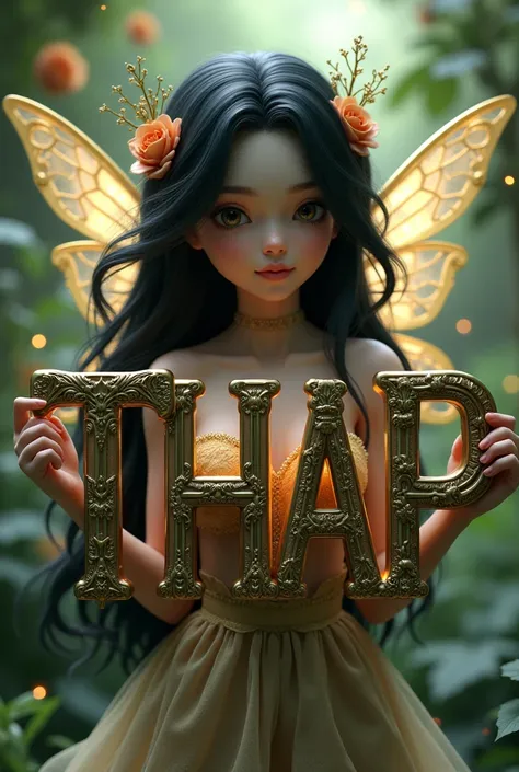 A 3d black haired fairy girl holding big letters of THAP