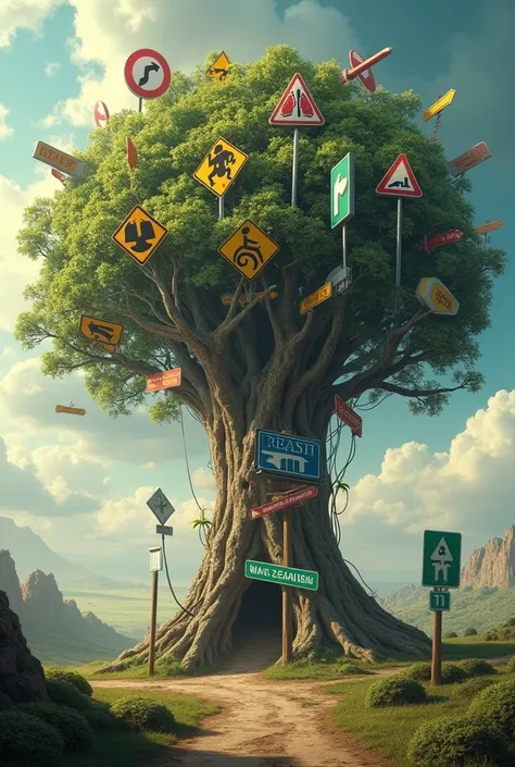 A TREE FULL OF ROAD SIGNS SHOWING THE DIRECTION TO VEHICLES