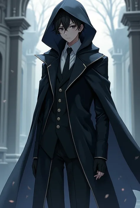 ((quality)), ((art)), ((best)), ((Anime)), ((detailed)), 1 ((boy)), wears a ((black coat)), in a very ((cool)) style, with ((long)) (sleeves), and with a ((long cape)), that almost reaches the ((floor)), and a ((hood)), to cover his ((head)),