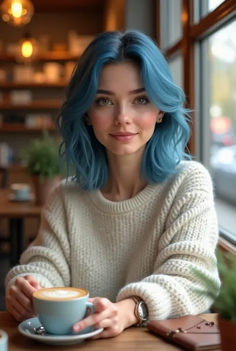 A European woman with medium blue hair and honey colored eyes sitting in a cozy coffee shop, wearing a casual white sweater and drinking a latte while looking at his phone, with a rustically decorated background.