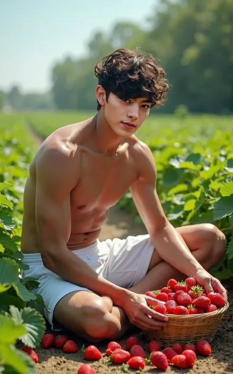 realistic 32k movy shot of young handsome 18 year good looking mulscle dressed white short pants sitเก็บสตรอเบอรี่สีแดง ใส่ตะกร้าจนเต็ม ล้นออกมา, White skin, Realistic skin, Black hair , strawberry, sit, Next to the strawberry plant, bright day, Endless, P...