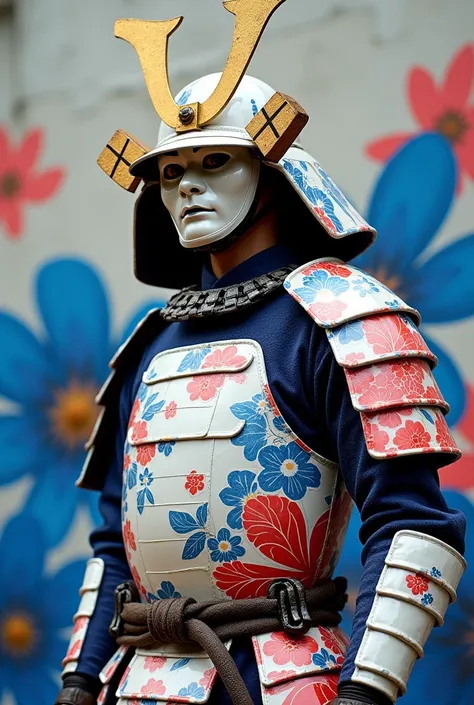 Portrait of a Japanese samurai with bright and expressive white marble armor with a beautiful traditional Japanese helmet and hanya mask as well as having blue and red flowers printed all over the shiny armor and with a lead background with blue and red fl...