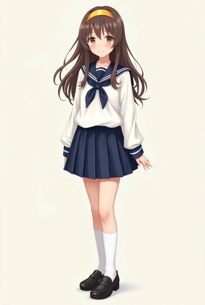 Make me a girl with long brown hair, with brown eyes and yellow headband with full body with The uniform is sailor style, Composed of a white long-sleeved blouse with a navy blue sailor collar and a dark blue ribbon or bow on the chest. The skirt is pleate...