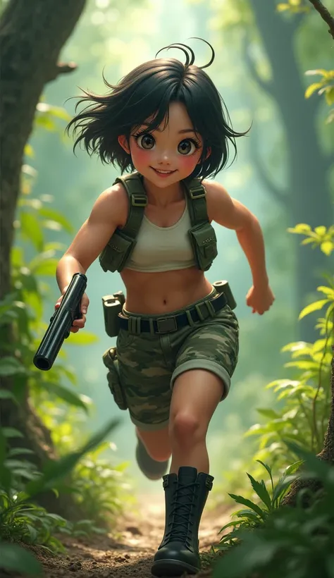 A wild but cute Japanese woman playing a survival game。Big Eyes。Long eyelashes。Her hairstyle is very short.。Running through the forest with a smile。The upper half of the body is wearing a white swimsuit under a tactical vest.。Thick muscular arms。Sweaty, gl...