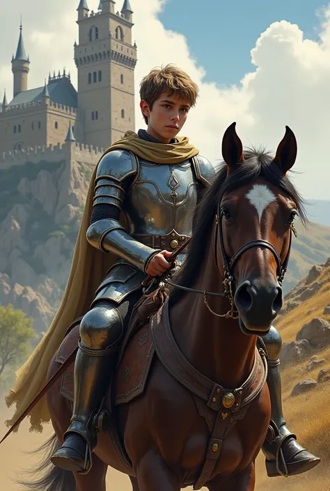 Make a hansome  boy who has sword in his hand , riding horse and there is fort in background