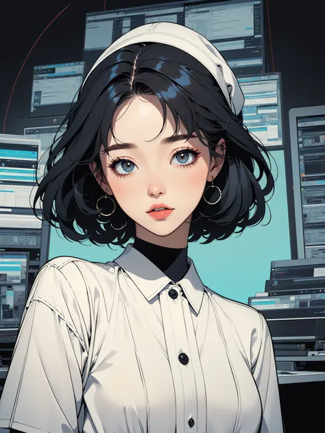 Medium Short Hair、Beautiful woman, Small face、White skin、Office Lady、No background (Flat Color, Flat texture, Line art:1.2), graphic design, (Dark Ink, Ink Black)