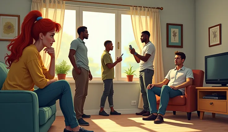 a happy beautiful redheaded woman in casual clothes sitting on a sofa thinking about life a well-dressed straight brown-haired white man next to a television with a sad phone to his ear looking thoughtfully at it and two well-dressed handsome black men wit...