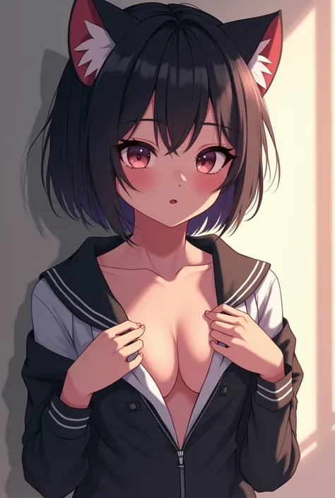 Fille kawaii avec des cheveux noirs, deux couettes,des oreilles de chat,un uniforme scolaire,sa chemise senlève et on voit sa poitrine nue et sa chatte