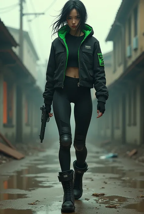 Makima from the anime Chainsaw Man, she wears a black form-fitting green jacket, tight black leggings with padded areas, and sturdy combat boots, giving her a prepared and determined look as she navigates the harsh dystopian world, the photo is hyper reali...