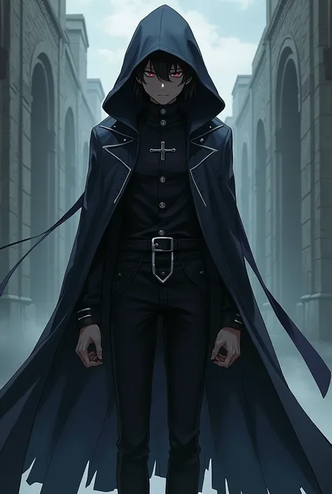 ((quality)), ((art)), ((best)), ((Anime)), ((detailed)), 1 ((boy)), wears a ((black coat)), in a very ((cool)) style, with ((long)) (sleeves), and with a ((long cape)), that almost reaches the ((floor)), and a ((hood)), to cover his ((head)),