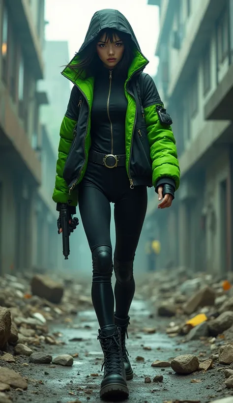 Makima from the anime Chainsaw Man, she wears a black form-fitting green jacket, tight black leggings with padded areas, and sturdy combat boots, giving her a prepared and determined look as she navigates the harsh dystopian world, the photo is hyper reali...