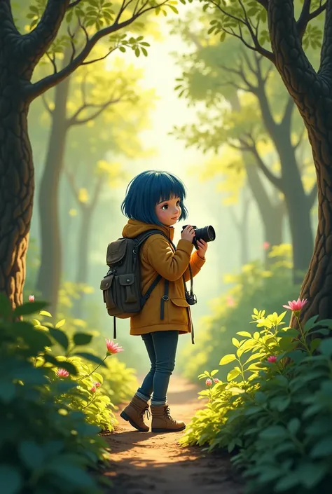 A European woman with medium blue hair and a round face, exploring a lush green forest, wearing an adventure jacket, hiking boots and holding a camera, with sunlight filtering through the trees.