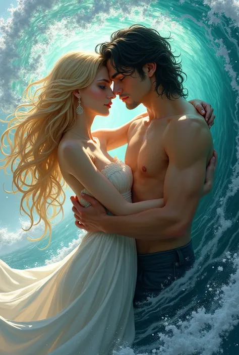 goddes of waves (blonde hair and blue eyes) hugging her lover,the prince (black haired with yellow eyes).