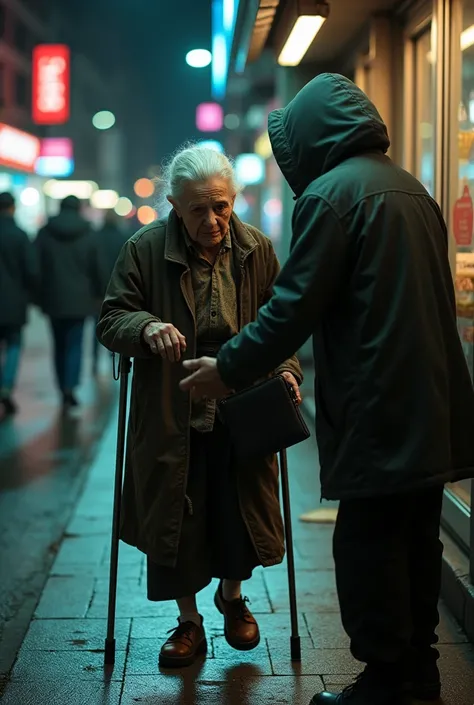 Une dame viel  qui se fait voler dans une rue sortant au super marcher 