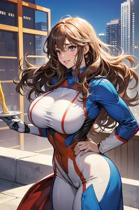 stands amidst the skyscrapers，mischievous grin，dress like Ultraman，messy curly hair，plump grithy bulky big natural voluptuous huge perky well-endowed firm and round breasts，toned physique acctentuated by the Ultraman costume，
