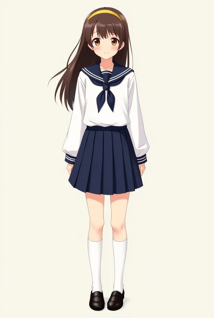 Make me a girl with long brown hair, with brown eyes and yellow headband with full body with The uniform is sailor style, Composed of a white long-sleeved blouse with a navy blue sailor collar and a dark blue ribbon or bow on the chest. The skirt is pleate...