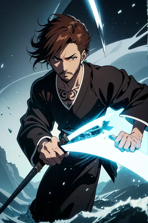 A shinigami, with light brown eyes, with stylish masculine earrings, short hair and a well-shaped beard, dark brown hair, with stylish tattoos, black kimono with white details, precision a sword that transforms into a curved blade that appears to be wrappe...