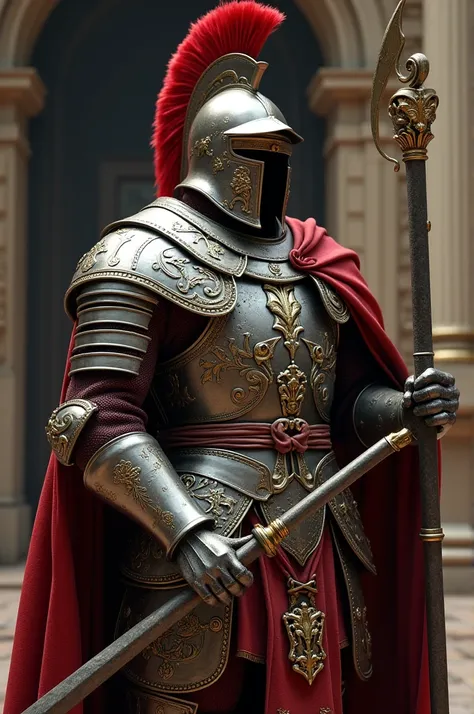 Un chevalier médiéval très détaillé vêtu dune armure complexe, brandissant une arme unique et ornée. Le casque du chevalier est stylisé comme celui dun centurion romain, avec des plumes élaborées et une crête distinctive. Larmure présente des gravures et d...