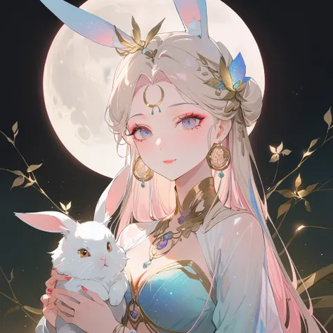 (Best quality,4K,8K,high resolution,masterpiece:1.2),Ultra-high detail,Moon Goddess,Paradise beauty,Holding a rabbit,subtle makeup,The ethereal existence,Fairytale-like,Calm expression,closure_up,perfect makeup