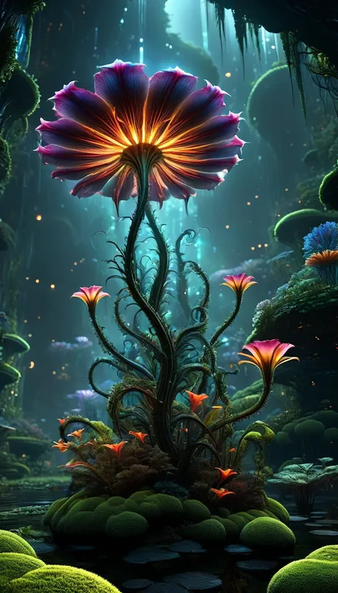 a stunning poster featuring a glowing alien flower in symbiosis against a black background, adorned with dark accents and moss d...