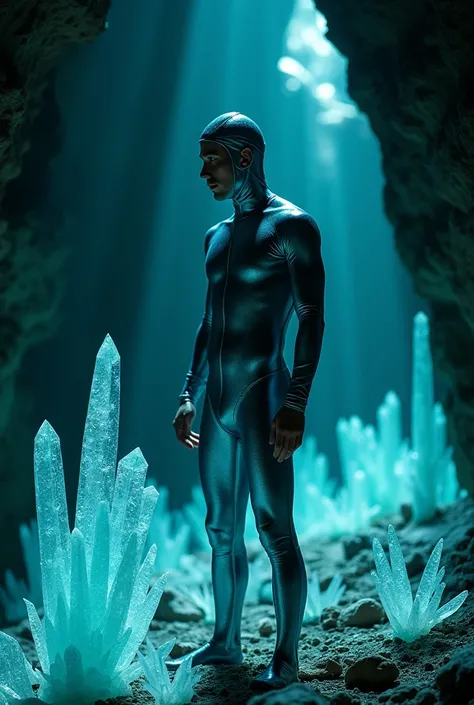 (Ultra high definition, clear, delicate) In a dark cave with sharp, transparent crystals rising out of it., A man wearing a bright turquoise shiny metallic wetsuit and diving cap is defecating.