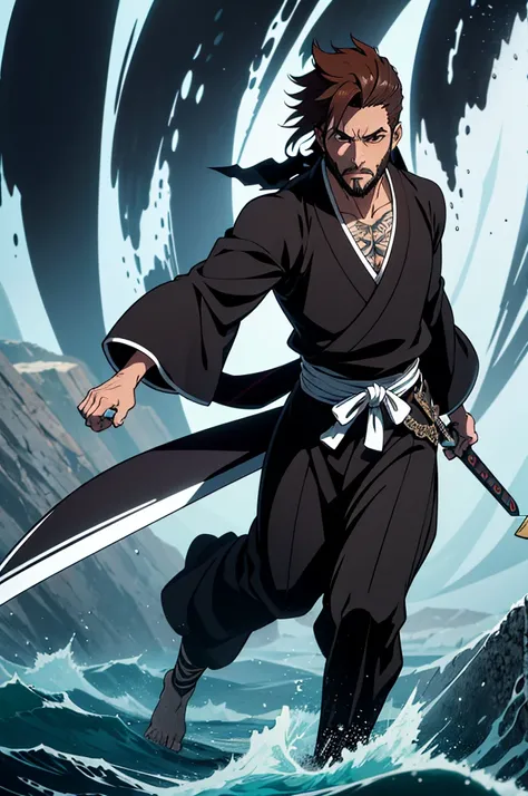 A shinigami, with light brown eyes, with stylish masculine earrings, short hair and a well-shaped beard, dark brown hair, with stylish tattoos, black kimono with white details, precision a sword that transforms into a curved blade that appears to be wrappe...