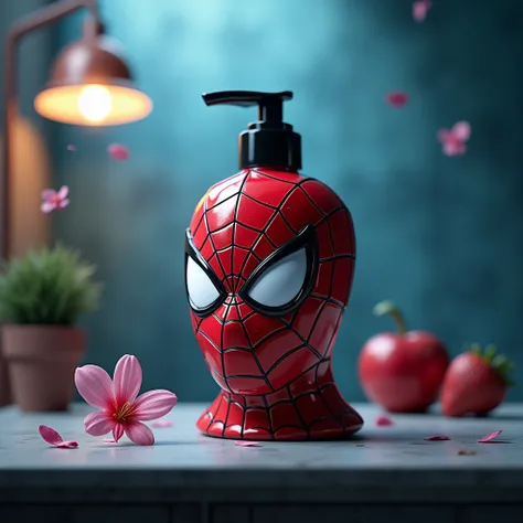  Create a realistic picture. on a table. A hand wash with only Spidermans face. The hand wash will have the shape of Spidermans face.  The background will be cool and stylish