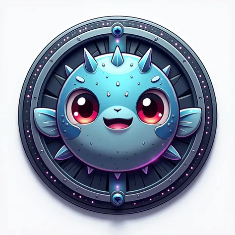 SeaArt mascot badge, puffer fish, futuristic