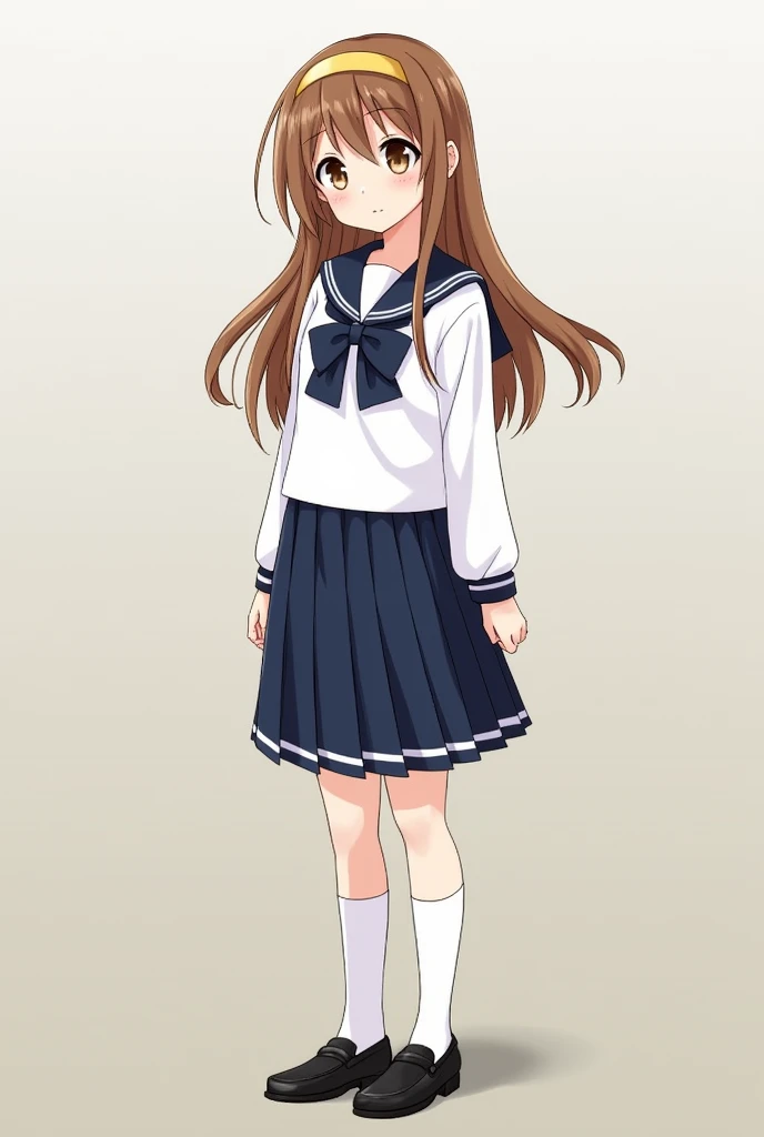 Make me a girl with long brown hair, with brown eyes and a yellow headband, with full body with The uniform is sailor style, Composed of a white long-sleeved blouse with a navy blue sailor collar and a dark blue ribbon or bow on the chest. The skirt is ple...