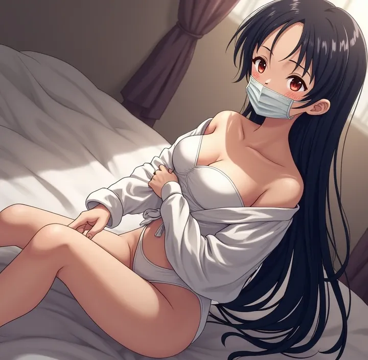 chest, Black hair, High resolution, 1 girl, drunk, shy, 
Face mask, Take off your clothes, 